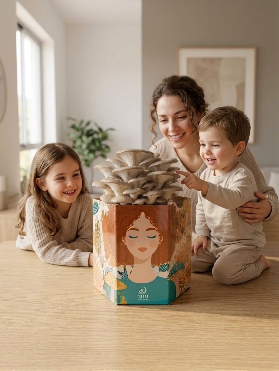 אמא ושני ילדים מתבוננים בהתרגשות בפטריות הצדפה שצמחו מערכת מוגו